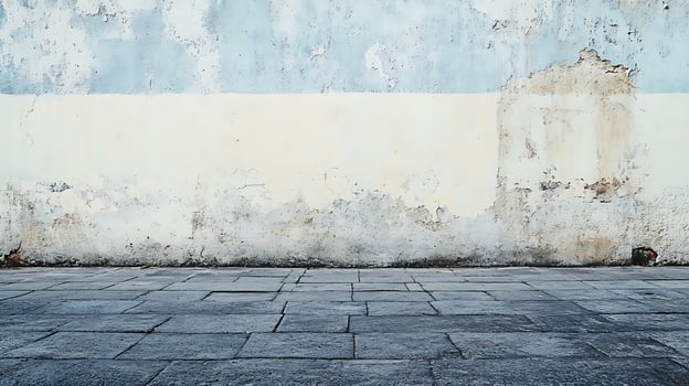 Weathered building facade featuring aged paint, faded colors and a textured stone pathway providing a visual story of time and decay. photo