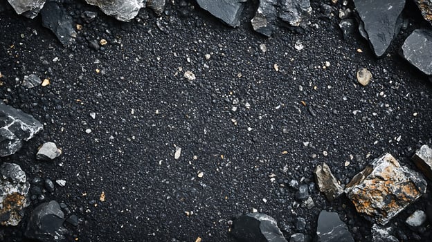 Gritty black surface with scattered stones and larger rocks framing the edges creates a dark, textured backdrop. Raw and rugged look. photo