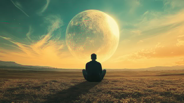A man sitting in the middle of a field with a large moon in the background photo