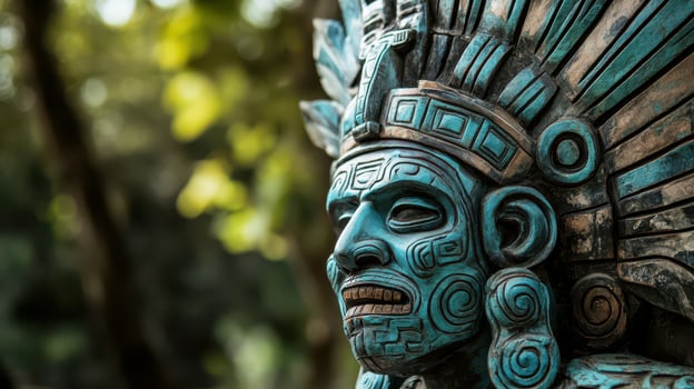 A statue of an aztec man with a blue headdress photo