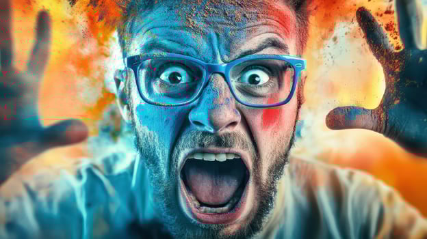 A man with glasses and a face covered in paint photo