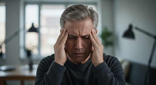 Stressed Middle-Aged Man Suffering from Severe Headache or Migraine at Home photo