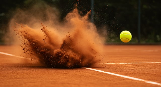 Tennis Ball Exploding Clay Court Dust Cloud Action Shot photo