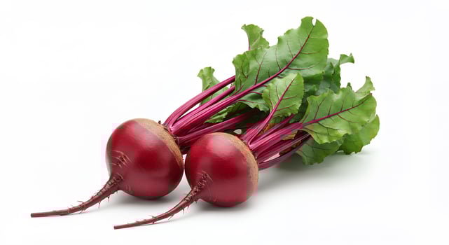 Fresh Organic Beetroots with Green Leaves - Two Vibrant Red Roots photo