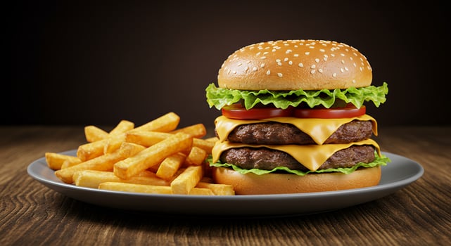 Juicy Double Cheeseburger with Crispy Golden Fries on Rustic Wooden Table photo