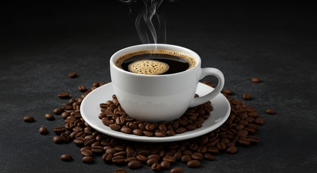 Aromatic Coffee Cup on Roasted Beans, Dark Background, Steam Rising, Cozy Morning Brew photo