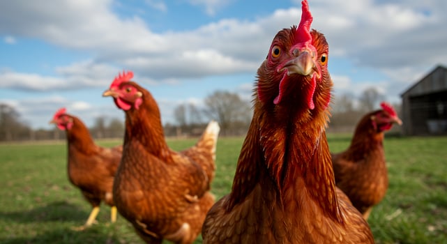 Close-up of Curious Brown Hens in a Lush Green Pasture photo