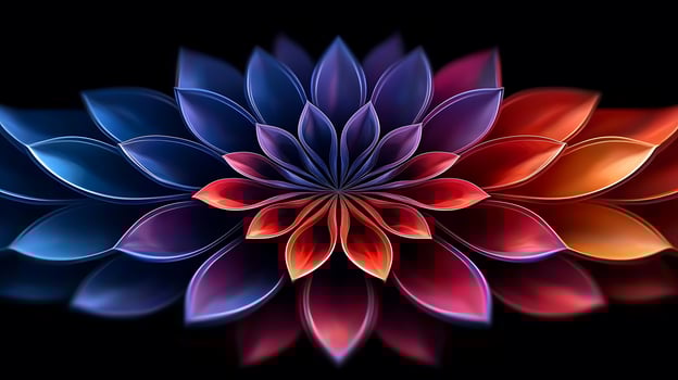 Vibrant abstract floral design with layered petals in shades of blue, red, and purple on black background photo