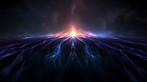 Vibrant abstract landscape depicting flowing energy waves converging towards a bright center photo