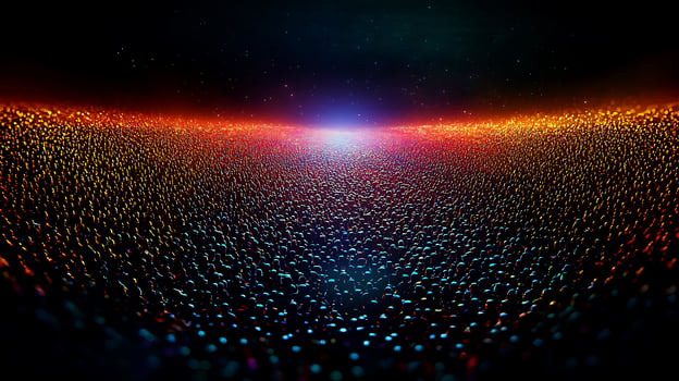 Vibrant abstract landscape of colorful dots merging into a luminous center, evoking energy photo