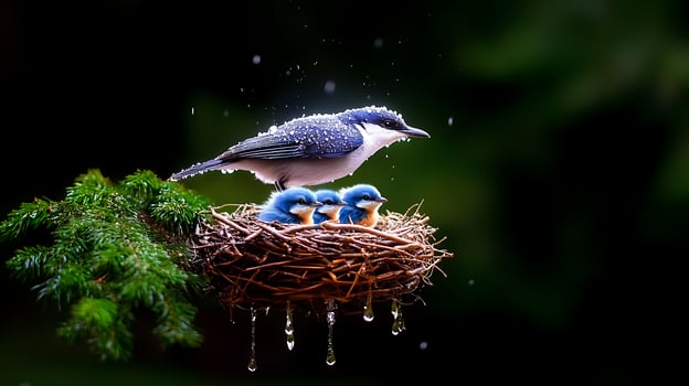 A serene scene of a bluebird feeding its three chicks in a rain-soaked nest surrounded by greenery photo