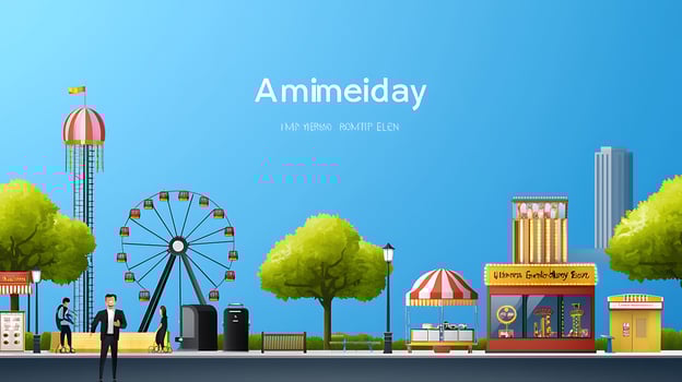 Vibrant amusement park scene featuring rides, food stalls, and people enjoying a sunny day photo