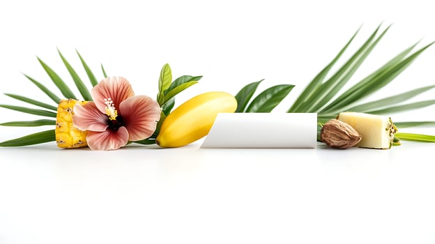Vibrant arrangement of tropical fruits and flowers on a white background with greenery accents photo