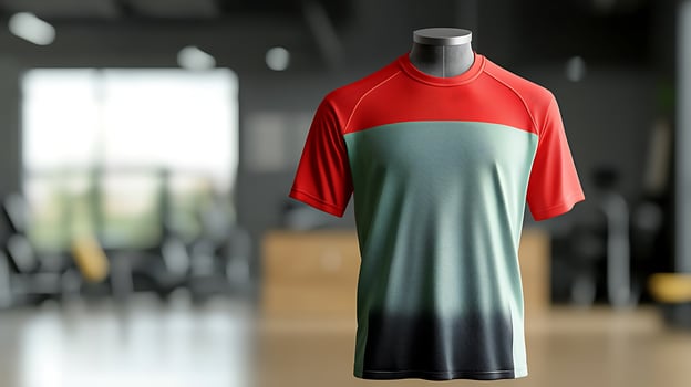 Vibrant athletic shirt displayed in a modern gym setting with blurred fitness equipment in background photo