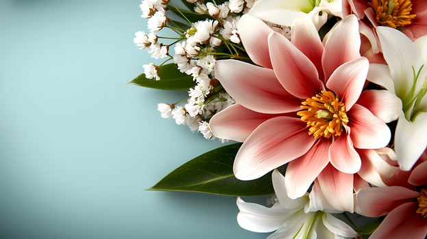 Vibrant bouquet of pink lilies and white flowers arranged elegantly on a soft blue background photo