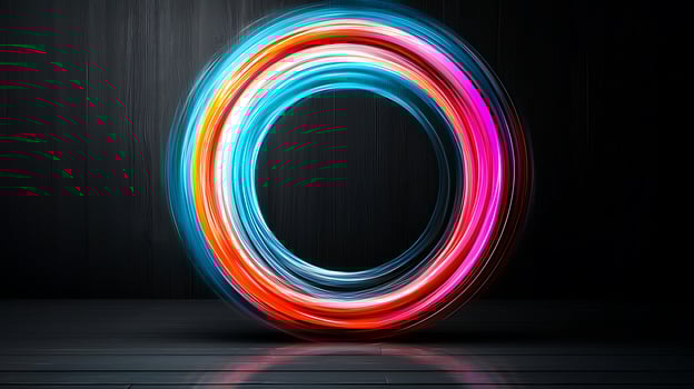 Vibrant circular light trails create a dynamic visual effect against a dark wooden background photo