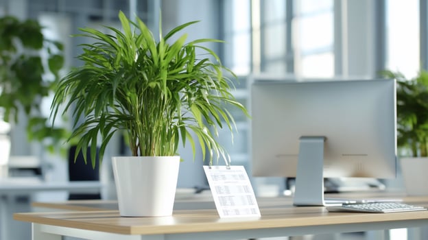 Office plant, desk, calendar, computer, modern workspace, sunlight photo