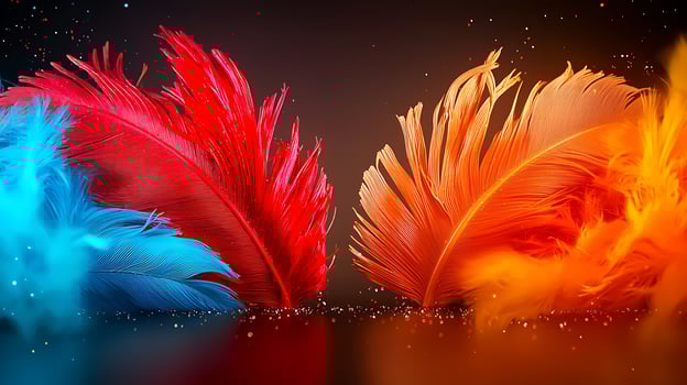 Vibrant colorful feathers in blue, red, and orange against a dark background with sparkles photo