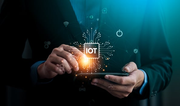 Businessman Using Digital Tablet with IoT Icon and Connected Network Symbols Representing Internet of Things Technology, Innovation, and Smart Device Integration, Digital Connectivity photo