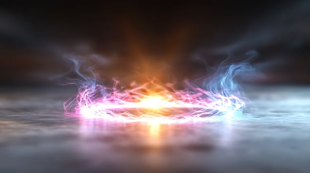 Vibrant energy swirl emanating from a central point on a reflective surface with dynamic lighting photo