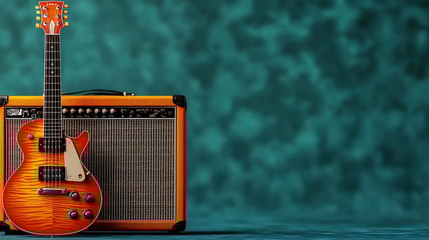 Vibrant electric guitar resting beside a retro amplifier against a textured teal background photo