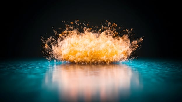 Vibrant explosion of orange flames reflecting on a tranquil blue surface in a dark setting photo