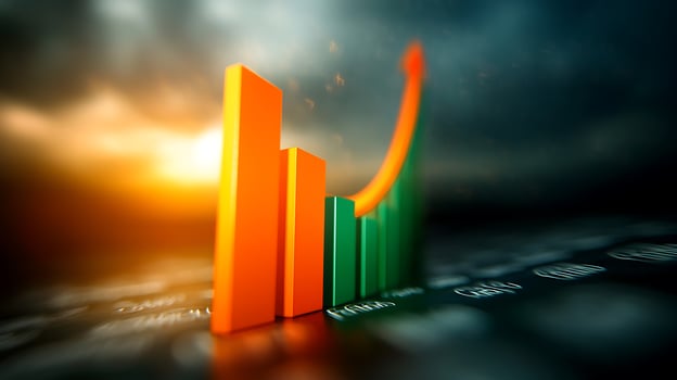 Vibrant financial growth chart with ascending bars against a dramatic sunset backdrop photo