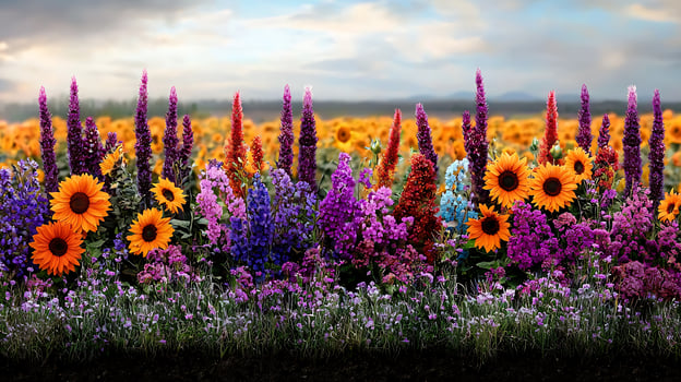 Vibrant field of wildflowers in full bloom under a cloudy sky, showcasing nature's beauty photo