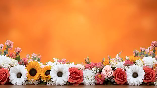 Vibrant floral arrangement featuring roses, daisies, and sunflowers against an orange backdrop photo