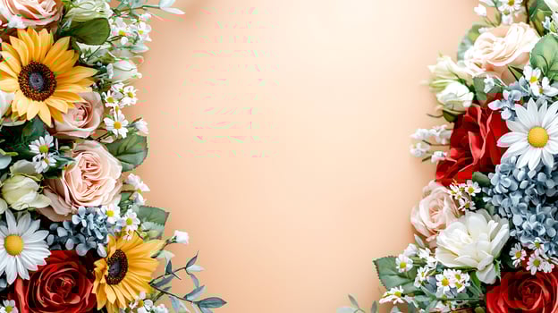 Vibrant floral arrangement featuring sunflowers, roses, and daisies on a soft pastel background photo