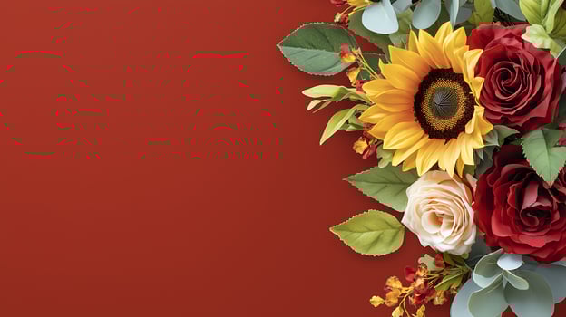 Vibrant floral arrangement featuring sunflowers, roses, and greenery on a rich red background photo