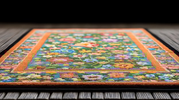 Vibrant floral rug displayed on wooden surface, showcasing intricate patterns and colors photo