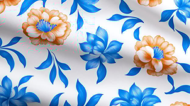 Vibrant floral pattern with blue and orange flowers on a white background, ideal for fabric design photo