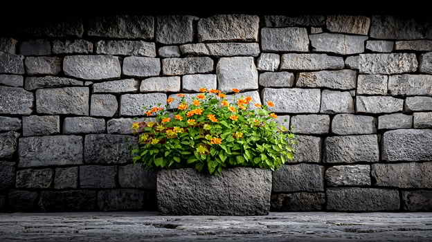 Vibrant flowers in a stone planter against a rustic stone wall, enhancing outdoor aesthetics photo