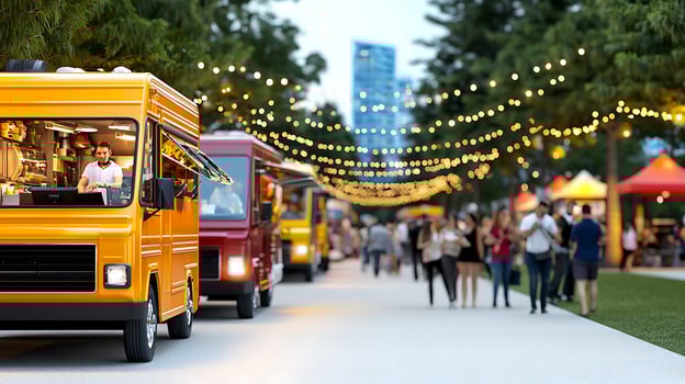 Vibrant food truck festival in a park with crowds enjoying delicious street food under string lights photo