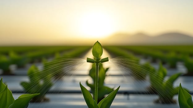 Vibrant green crops being irrigated at sunrise in a serene agricultural landscape photo