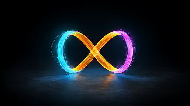 Vibrant infinity symbol glowing in neon colors against a dark background, symbolizing endless possibilities photo