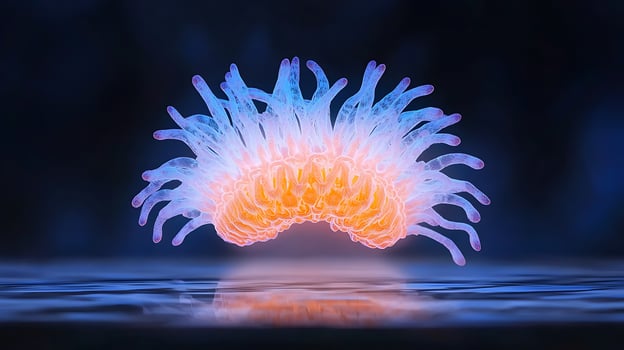 Vibrant jellyfish gracefully floating in dark waters, showcasing bioluminescent features photo
