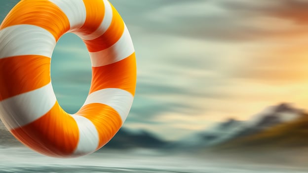 Vibrant lifebuoy floating against a serene sunset backdrop with mountains in the distance photo