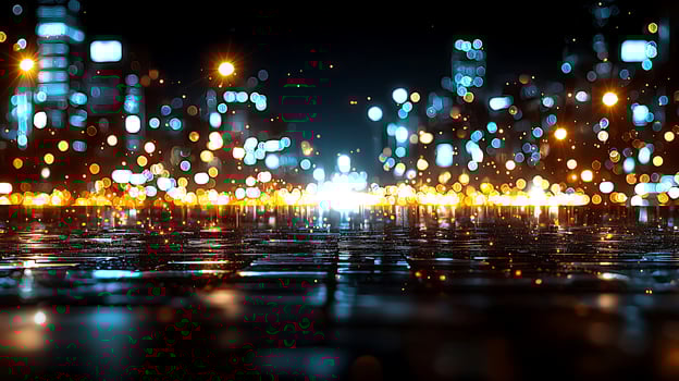 Vibrant night cityscape with blurred lights reflecting on wet pavement, creating a lively atmosphere photo