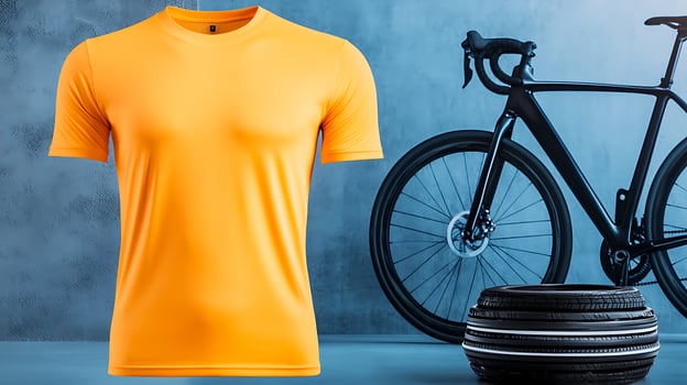 Vibrant orange athletic shirt displayed beside a sleek bicycle and tire against a textured blue background photo