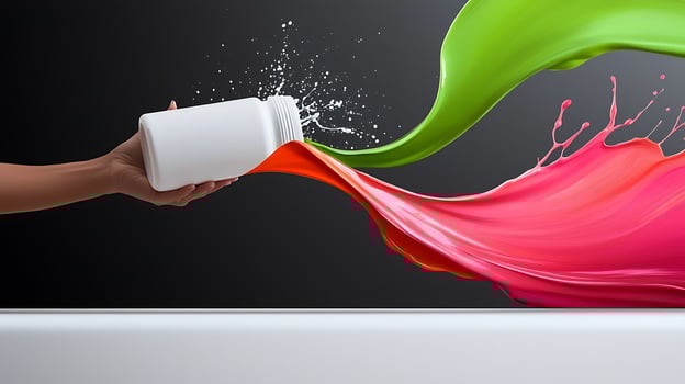 Vibrant paint splashes from a container held over a sleek surface, showcasing creativity and motion photo