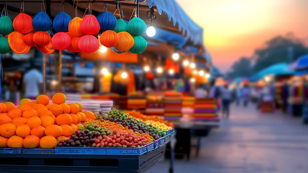 Vibrant outdoor market scene at sunset showcasing colorful fruits and stalls bustling with activity photo