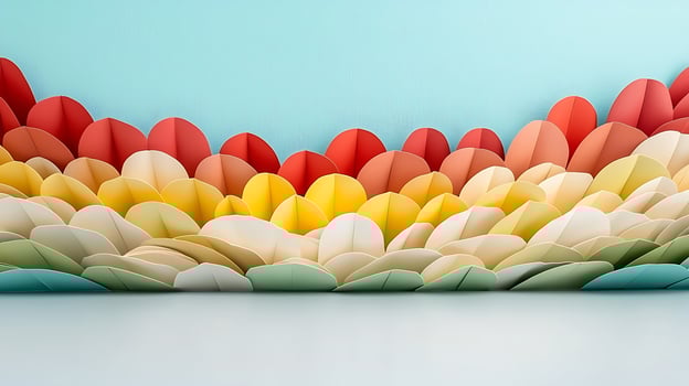 Vibrant paper art installation showcasing colorful layered petals against a light blue backdrop photo