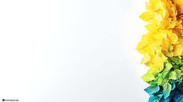 Vibrant paper leaves arranged in a gradient from yellow to green on a white background photo