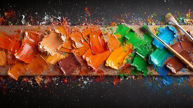 Vibrant palette of paint colors arranged artistically on a wooden surface with brushes nearby photo