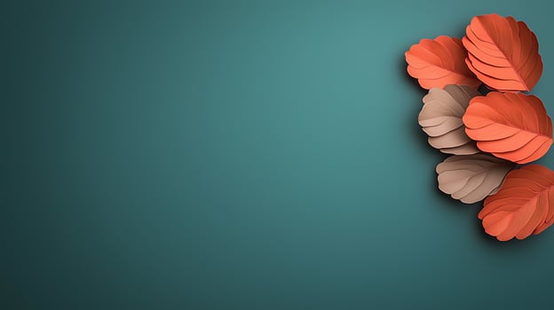 Vibrant paper leaves in orange and beige arranged artistically on a teal background photo