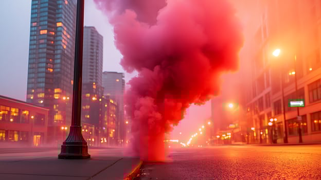 Vibrant pink smoke billows from a street vent in a bustling urban setting at dusk photo