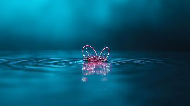 Vibrant pink water droplet creates ripples in a serene blue environment, capturing tranquility photo