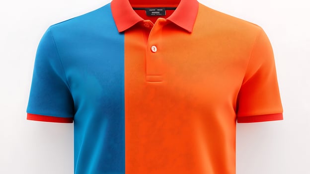 Vibrant polo shirt featuring a split design in blue and orange, displayed against a clean background photo